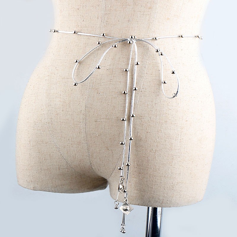 新款珍珠腰绳女细配裙子时尚百搭装饰腰带朋克风银色绳子腰链配饰