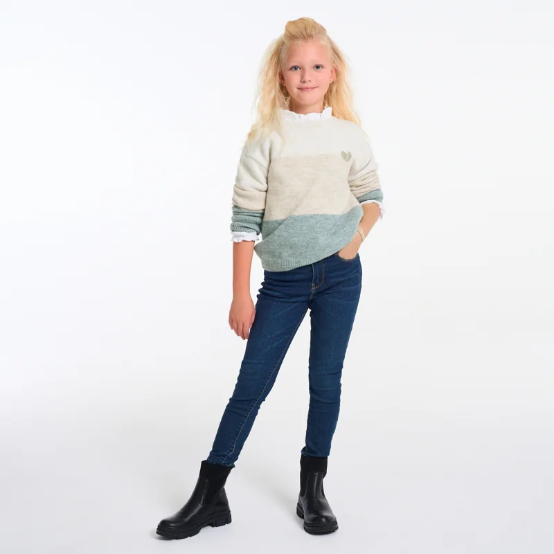 D711 法 两色条纹撞色针织女小中大童圆领套头蓬松舒适保暖毛衣秋