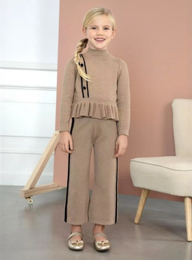 D1755 女童时尚荷叶边精致纽扣针织衫半高领长袖套头中大童毛衣