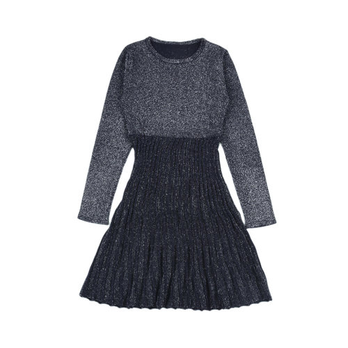 ZK11674 时尚百搭女童亮片松紧腰连衣裙舒适圆领长袖套头中童儿童