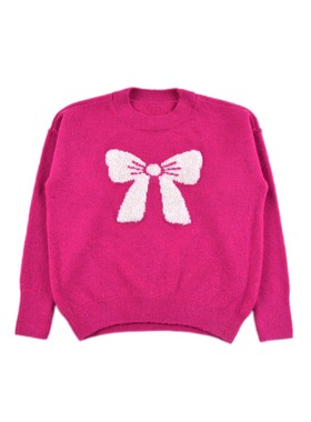 ZK11528 女童甜美可爱蝴蝶结图案针织衫毛衣圆领长袖套头中童上衣