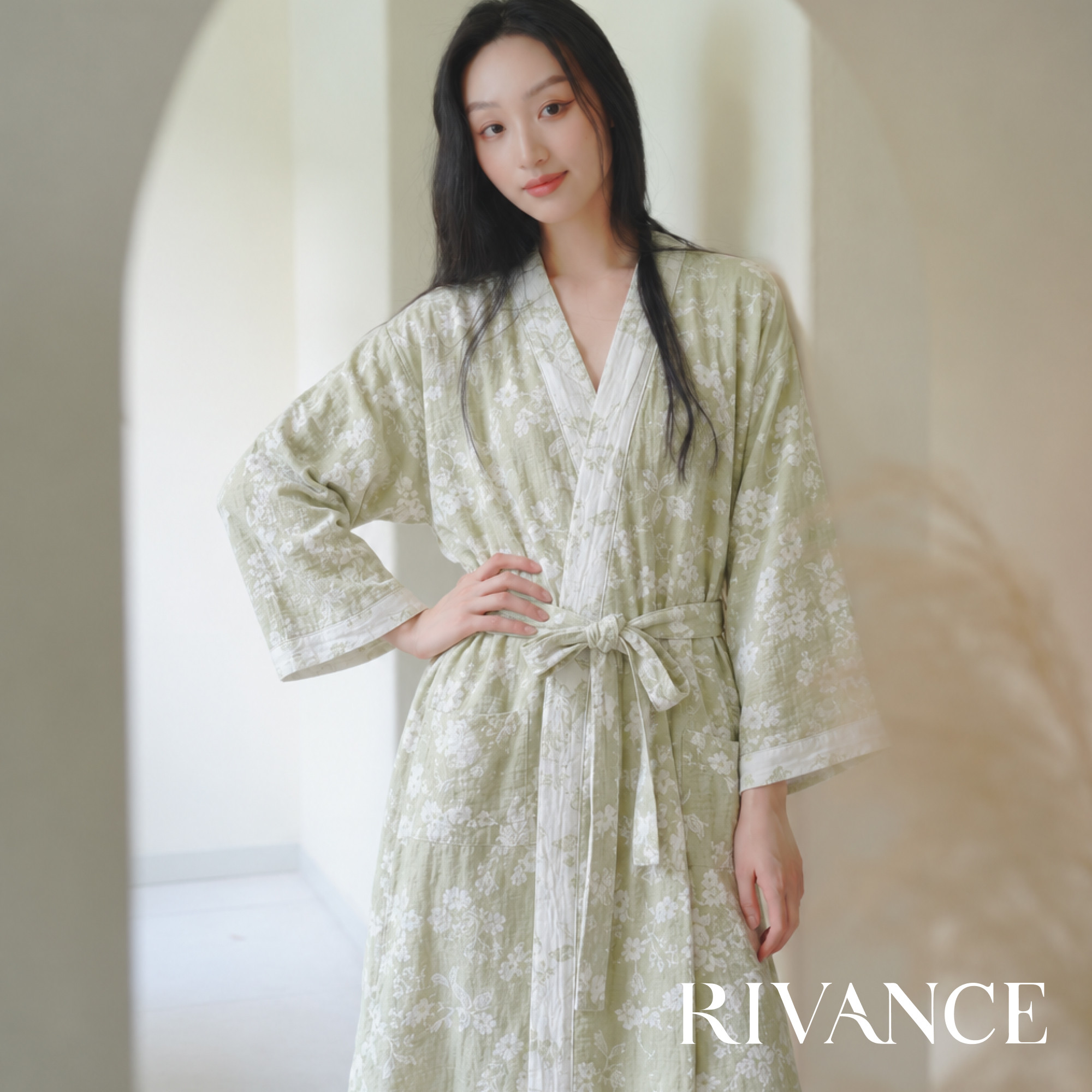 Rivance纯棉浴袍春秋全棉双层棉纱吸水速干薄款睡袍浴服长款舒适