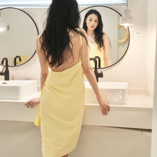 法式 四层棉纱纯棉浴巾裙吊带裙吸水亲肤睡裙肩带可调浴裙睡衣露背