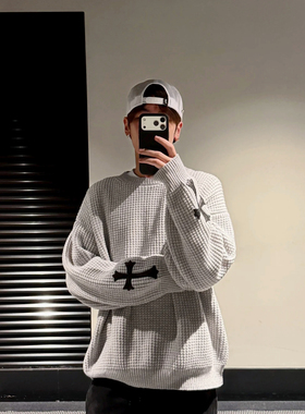 (现货)自主高端羊绒真皮十字架灰色华夫格针织衫毛衣女男 宽松