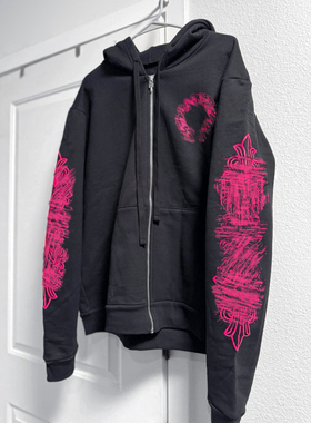 (现货)自主925银黑粉色马蹄花臂拉链连帽衫卫衣外套女男BlackPink
