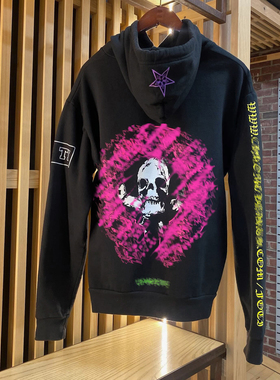 (现货)自主FOTI彩色粉马蹄骷髅花臂连帽衫卫衣女男 宽松 薄绒