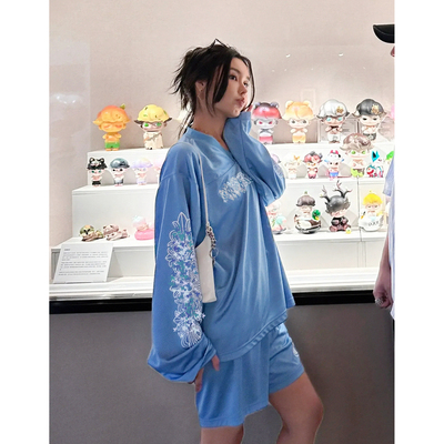 (现货)自主蓝色梵文网眼布运动冰球衣长袖T恤短袖短裤男女款 套装