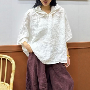 100%亚麻套头上衣女欧版 连帽宽松慵懒透气五分袖 棉麻衬衫 潮 时尚