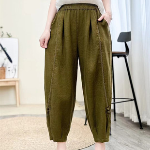 复古砂洗亚麻哈伦裤女2026年夏季新款休闲时尚盘扣设计九分裤麻裤