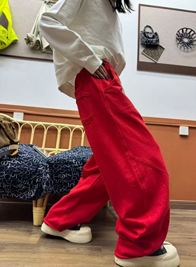 欧版时尚慵懒风红色弯刀裤女高品质宽松阔腿裤百搭洋气减龄休闲裤