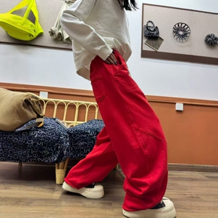 女高品质宽松阔腿裤 欧版 时尚 慵懒风红色弯刀裤 百搭洋气减龄休闲裤