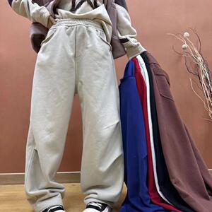 休闲时尚拉绒卫裤女2024冬季新款宽松褶皱高腰阔腿裤长裤潮