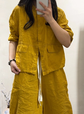休闲时尚宽松立领亚麻衬衫女2026夏季七分袖口袋短外套黄色上衣