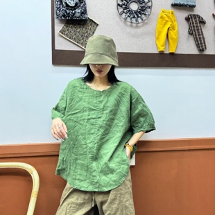 宽松圆领简约透气短袖 欧版 上衣潮 新款 女2026夏季 时尚 亚麻衬衫