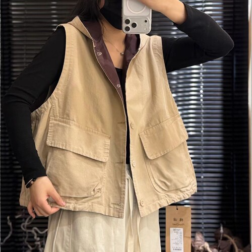 春季新款连帽宽松大口袋马甲女