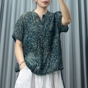 复古苎麻立领短袖衬衫女夏定制