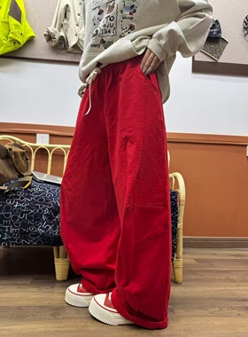 欧版时尚慵懒风红色弯刀裤女小众宽松阔腿裤百搭洋气休闲裤长裤