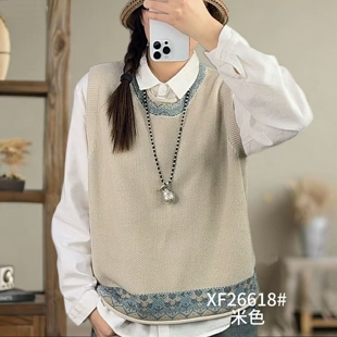 复古文艺圆领刺绣针织马甲女宽松百搭无袖 背心中国风马夹