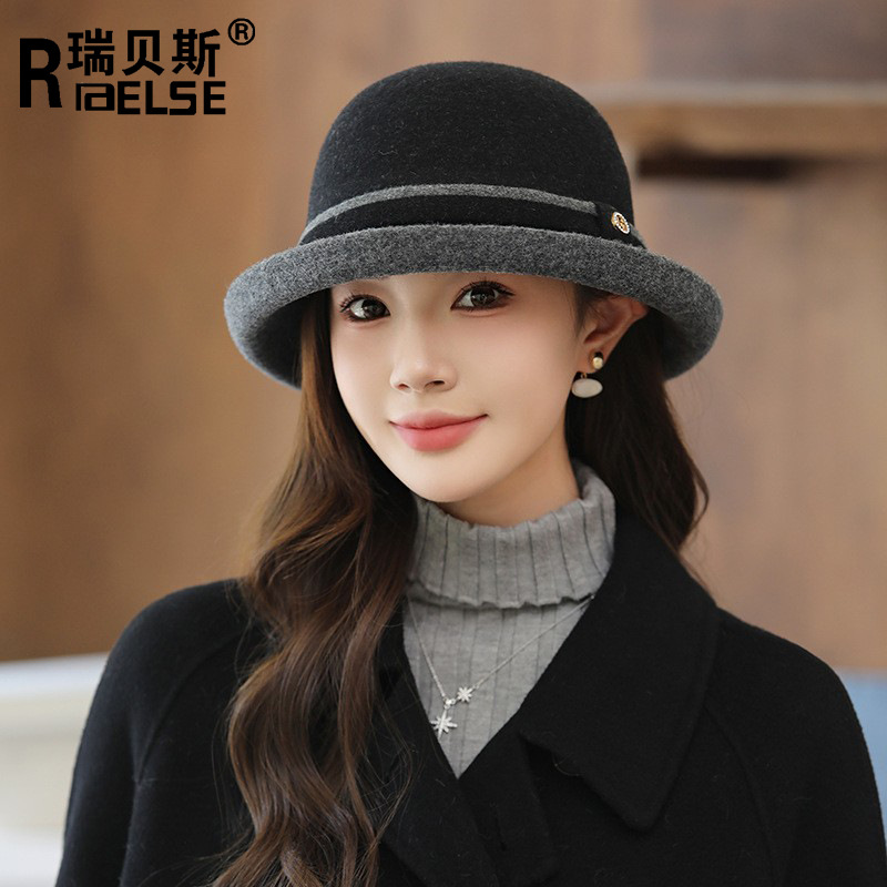 羊毛渔夫帽盆帽优雅圆顶秋冬帽子帽子女款高级感贝雷帽妈妈礼帽