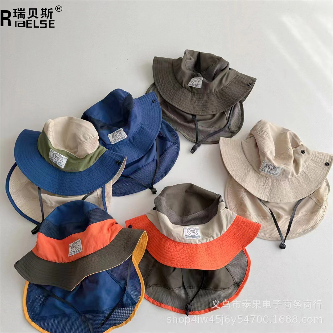 韩版新款拼色大帽檐防晒帽UPF50+男女童透气速干渔夫帽儿童潮