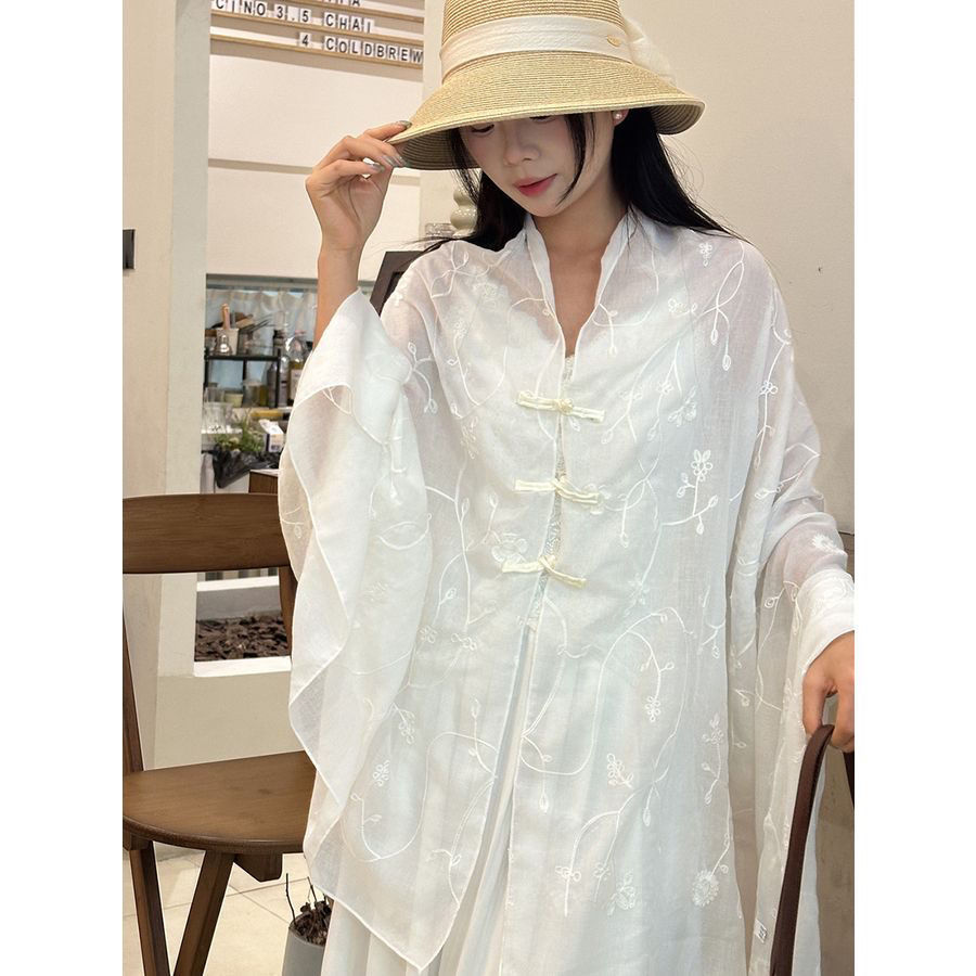 高定刺绣夏季新款民族风防晒连帽休闲古风旅游拍照薄丝巾外搭