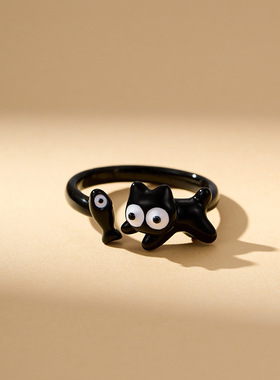 可爱黑色萌猫开口戒指卡通搞怪时尚创意可调节指环新款精巧食指戒