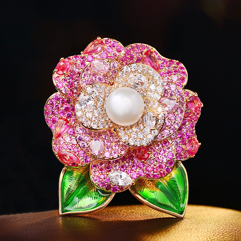 高端重瓣山茶花胸针珐琅彩立体花卉淡水珍珠别针通勤穿搭节日礼物,饰品/流行首饰/时尚饰品新,胸针,淘宝优惠券,粉丝福利购,淘宝优惠卷