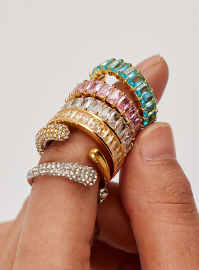 欧美风早春彩色不锈钢镶锆石戒指跨境潮流不掉色小众饰品