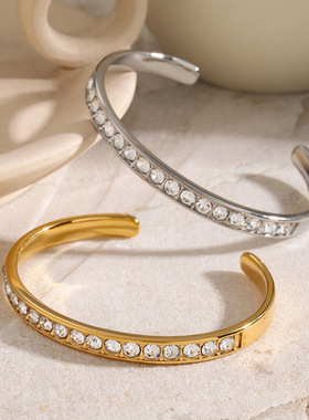 原创款！！18k金不锈钢白色水钻开口手镯ins夏日度假风钛钢手镯