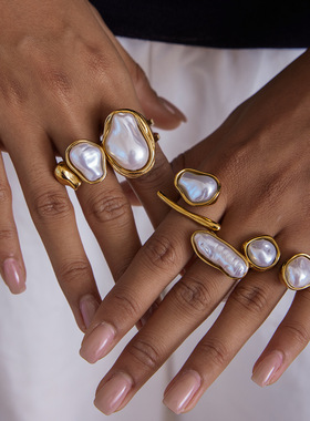 仿巴洛克珍珠戒指钛钢不掉色手饰轻奢高级感不锈钢秋冬饰品女