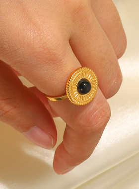 2023新款不锈钢黑色半宝石可调节戒指圆形纽扣圆盘首饰晚会礼物女