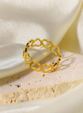 欧美INS网红同款镂空小爱心开口戒指18K镀金不锈钢戒指女式饰品