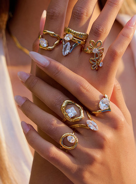 欧美锆石戒指钛钢不掉色饰品女轻奢高级感指环不锈钢