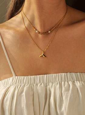 亚马逊潮流18k金不锈钢双层鱼尾吊坠项链不掉色时尚百搭饰品