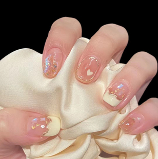 美甲贴片成品法式奶白镜面腮红桃心极光钻纯欲奶油风手工穿戴甲片