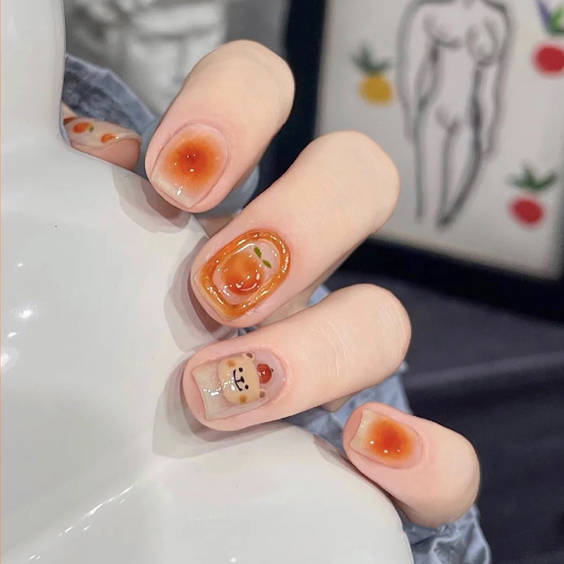 穿戴甲腮橙手绘甜橙熊可爱多巴胺