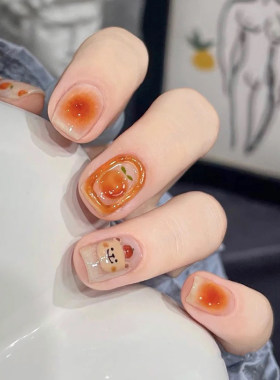 穿戴甲腮橙手绘甜橙熊可爱多巴胺