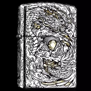 正版Zippo打火机2024年 本命年生肖龙错金银礼盒龙凤呈祥浮雕盔甲