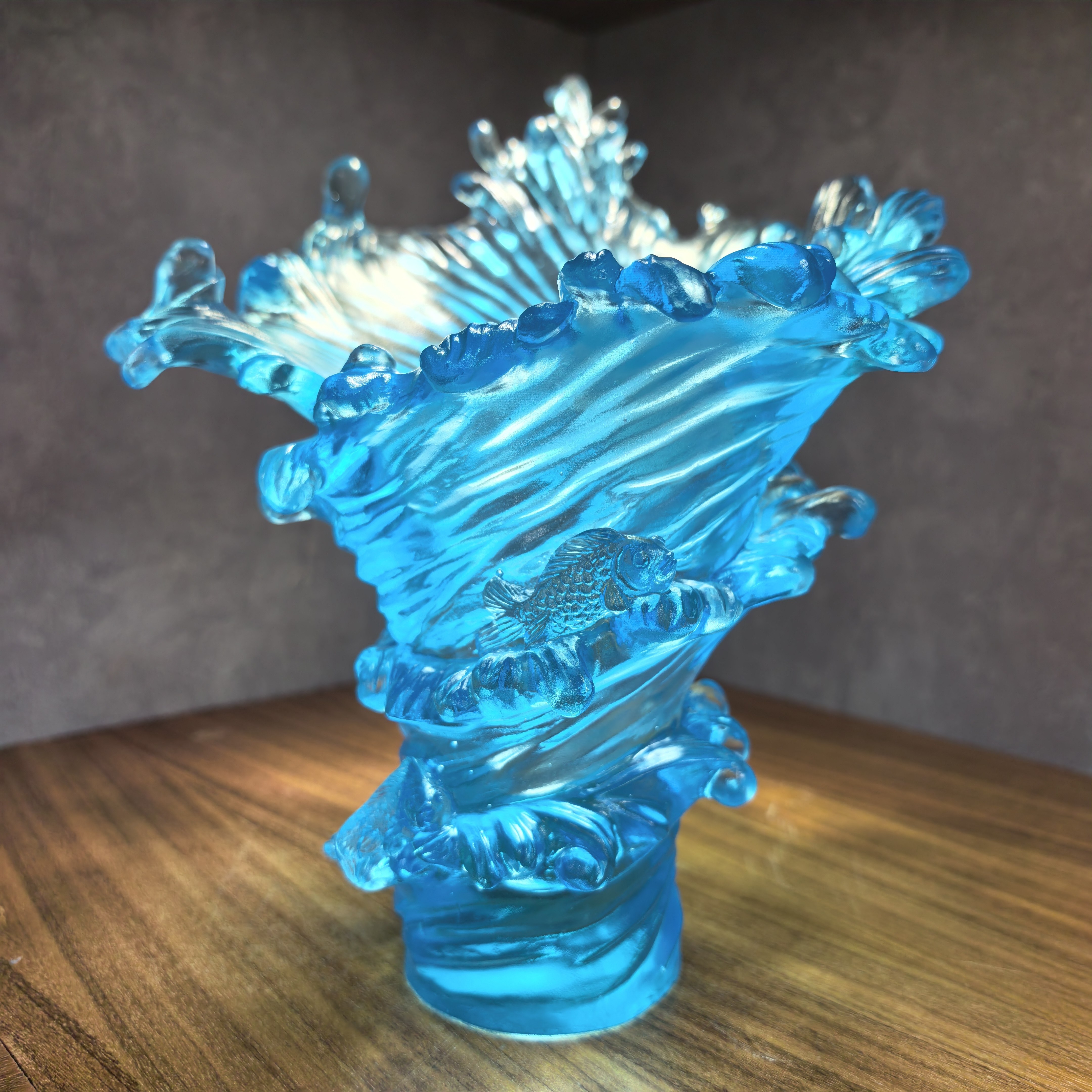 古法琉璃客厅家居海浪花瓶高端乔迁送礼水晶艺术品摆件22厘米