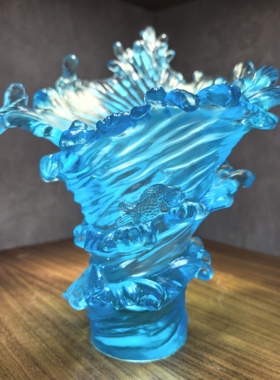 古法琉璃客厅家居海浪花瓶高端乔迁送礼水晶艺术品摆件22厘米