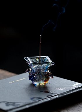 古法琉璃四羊方尊香插小香炉摆件