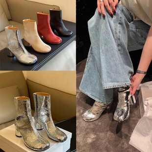 马吉拉手工真皮马蹄分趾猪蹄鞋女tabi中筒靴粗跟切尔西高跟短靴女