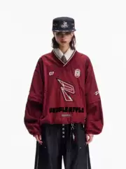 Peoplestyle Badge Embroidery Retro Sports Style V-Neck Red Sweatshirt Loose Detachable Long-Sleeved Top