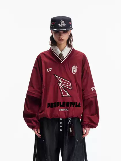 Peoplestyle Badge Embroidery Retro Sports Style V-Neck Red Sweatshirt Loose Detachable Long-Sleeved Top