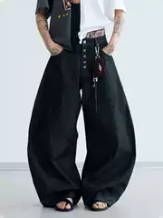 Peoplesense Simple and Versatile Black Raw Denim Wide-Leg Jeans Unisex Baggy Casual Curved Pants