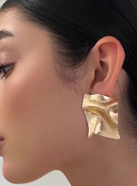 小众设计时髦欧美极简风个性几何菱形褶皱不规则镀金银色耳环耳钉