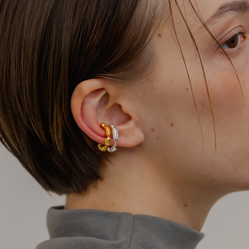 手工锤叠纹复古黄铜镀金耳夹