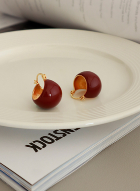 波尔多红色时髦法式复古简约百搭气质镀金圆球形新年圣诞节日耳环