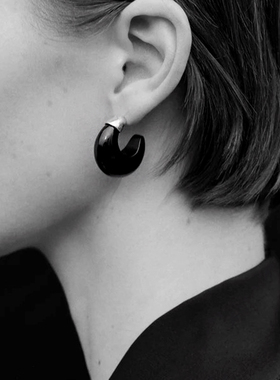 JILIFANG小众设计ins极简欧美复古虎眼石黑玛瑙月牙C形高级感耳环