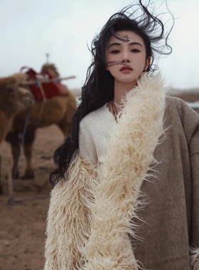 FANSS皮毛一体外套2025新款冬季藏服长款滩羊毛内胆皮草大衣女厚